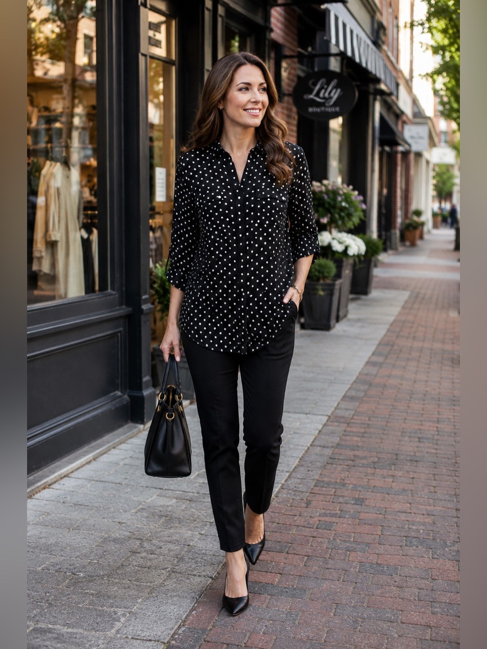 Jones New York Black White Heart Print Roll Tab Sleeve Blouse Size M